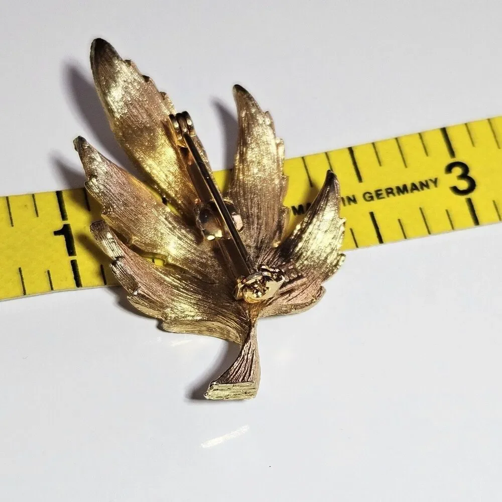 Vintage Textured Gold Tone JJ Leaf Leaves Brooch Pin 2”